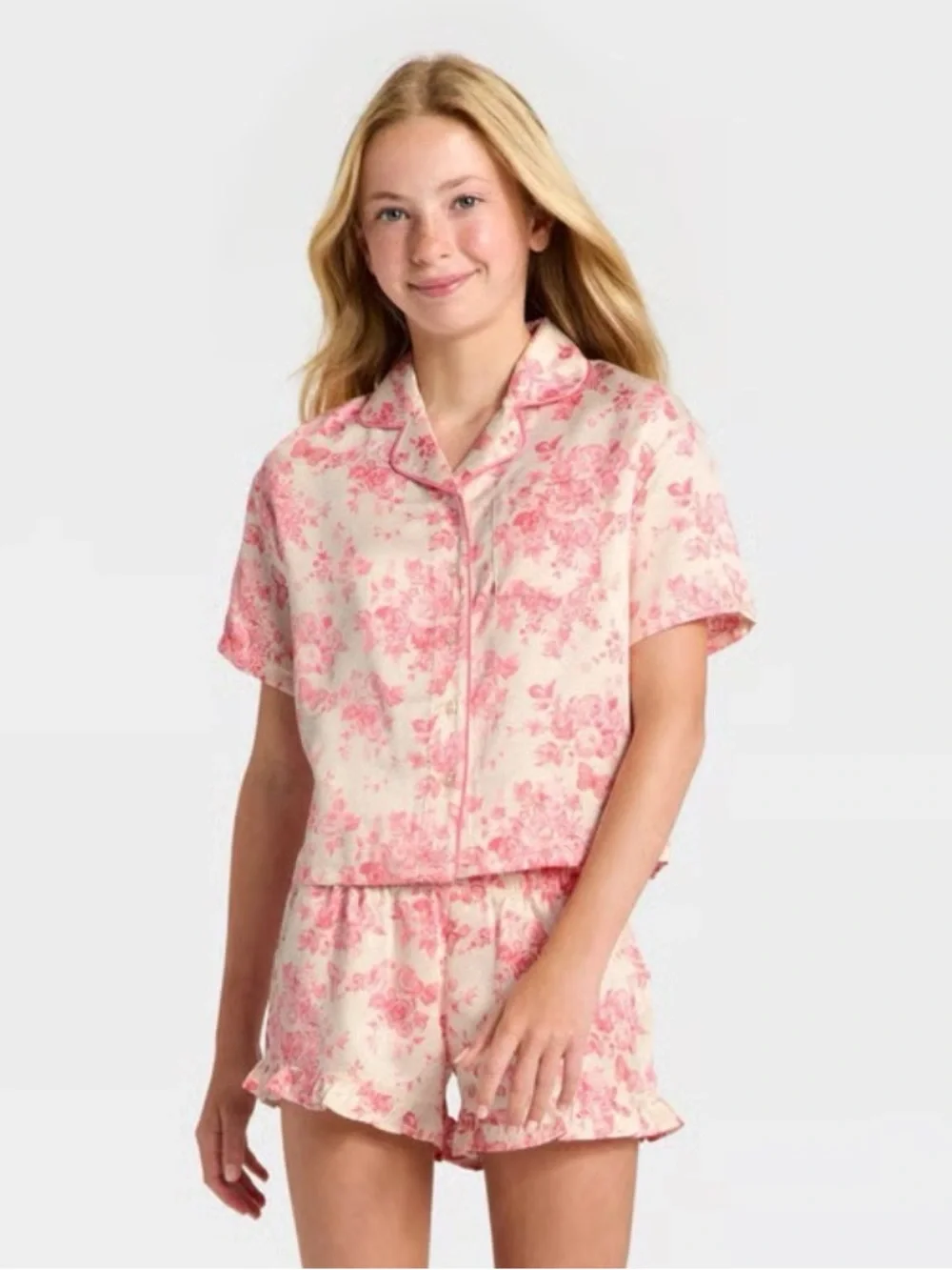 NWT ~Art Class Floral Short Sleeve Button Down Pajama Set Top & Bottom, Medium 8